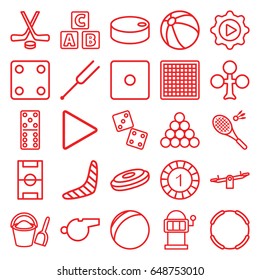 Play icons set. set of 25 play outline icons such as abc cube, beach ball, boomerang, swing, clubs, 1 casino chip, dice, domino, slot machine, tonometer, badminton