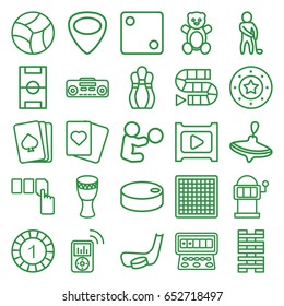 Play icons set. set of 25 play outline icons such as teddy bear, whirligig, pllaying card, 1 casino chip, casino chip, dice, spades, slot machine, push button, guitar mediator
