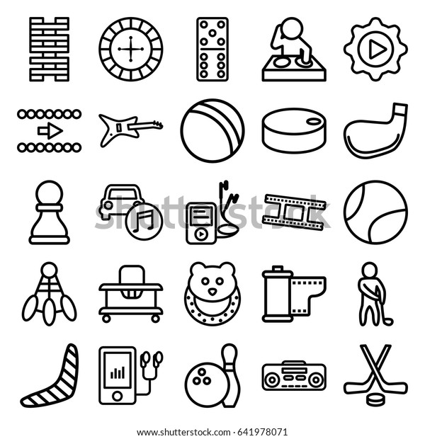 Play icons set. set\
of 25 play outline icons such as ball, boomerang, baby toy, baby\
walker, roulette, domino, mp3 player, record player, car music,\
play in gear, camera tape