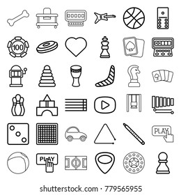 Play icons. set of 36 editable outline play icons such as pyramid, boomerang, toy tower, hearts, 100 casino chip, dice, slot machine, domino, chess board, guitar, hockey puck