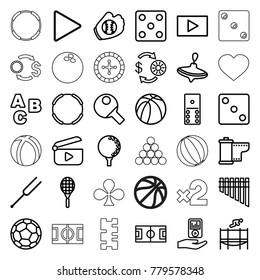 Play icons. set of 36 editable outline play icons such as whirligig, casino chip and money, dice, abc, domino, football pitch, hoop, basketball, play, tonometer, harmonica