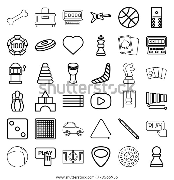 Play icons. set\
of 36 editable outline play icons such as pyramid, boomerang, toy\
tower, hearts, 100 casino chip, dice, slot machine, domino, chess\
board, guitar, hockey\
puck