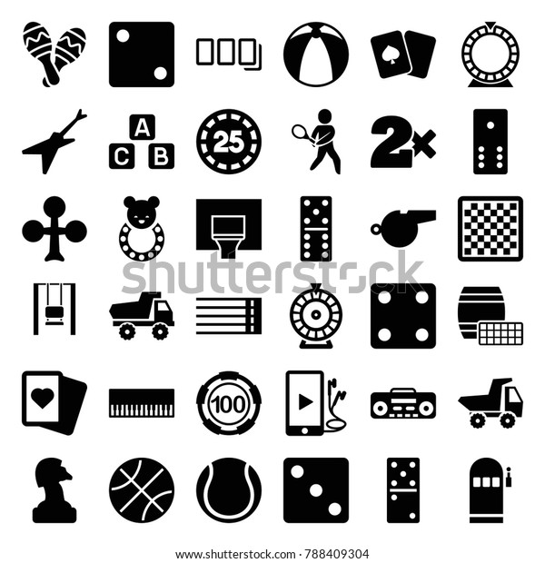 Play icons. set of 36 editable\
filled play icons such as toy car, clubs, 100 casino chip, dice,\
domino, casino bet, roulette, spades, chess board, chess horse,\
piano