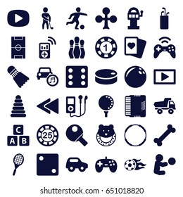 Play icons set. set of 36 play filled icons such as abc cube, pyramid, toy car, baby toy, clubs, 1 casino chip, 25 casino chip, dice, spades, play back, harmonic, car music