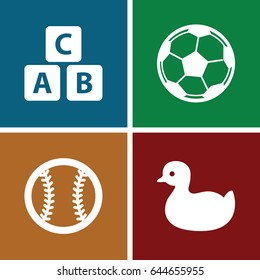 Play icons set. set of 4 play filled icons such as abc cube, duck, baseball