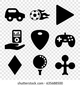 Play icons set. set of 9 play filled icons such as toy car, clubs, diamonds, play, guitar mediator, mp3 player on hand, football ball, golf ball