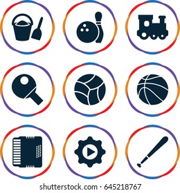 Play icons set. set of 9 play filled icons such as train toy, harmonic, play in gear, bowling, baseball bat, basketball, table tennis, beach ball