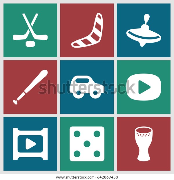 Play icons set. set\
of 9 play filled icons such as whirligig, toy car, boomerang, dice,\
drum, play, hockey