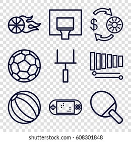 Play icons set. set of 9 play outline icons such as Casino chip and money, xylophone, portable game console, basketball, basketball basket, goal post, football