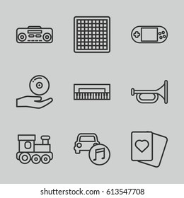 Play icons set. set of 9 play outline icons such as train toy, Spades, portable console, record player, car music, CD on hand, trumpet, chess board