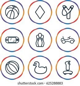 Play icons set. set of 9 play outline icons such as duck, bike, Diamonds, portable game console, bowling, basketball, joystick, sligshot