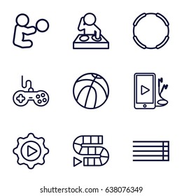 Play icons set. set of 9 play outline icons such as joystick, guitar strings, phone and earphones, play in gear, basketball, baby playing with toy, hoop, dice game
