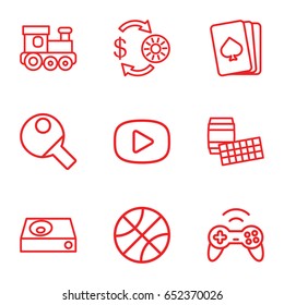 Play icons set. set of 9 play outline icons such as train toy, pllaying card, casino chip and money, dvd player, joystick, play, table tennis, basketball