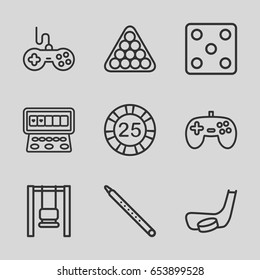 Play icons set. set of 9 play outline icons such as joystick, 25 casino chip, dice, billiards, slot machine, musical pipe, hockey stick and puck