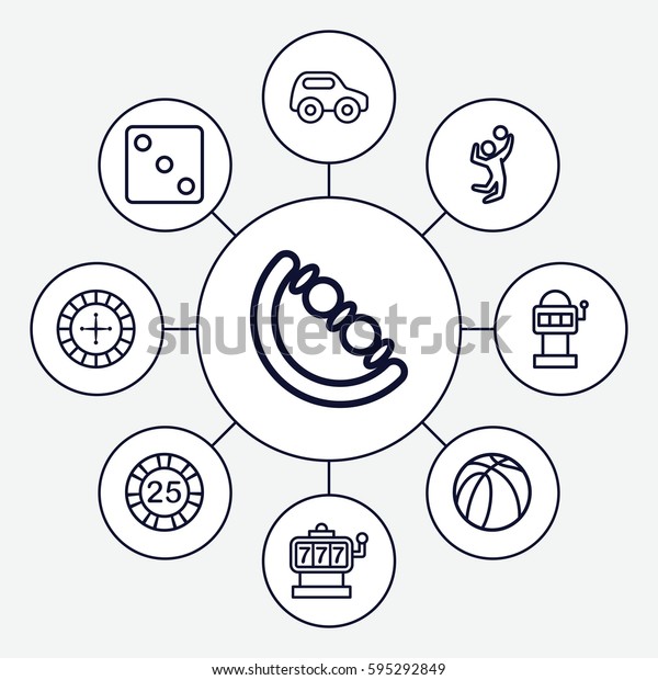 play icons set. Set of 9 play outline\
icons such as toy car, baby toy, Roulette, Slot machine, 25 casino\
chip, Dice, basketball, volleyball\
player