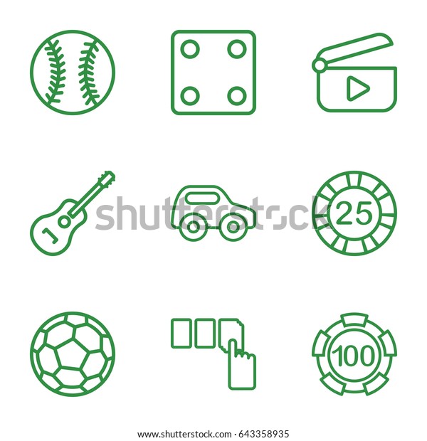 Play icons set. set of 9 play outline icons such\
as toy car, 25 casino chip, 100 casino chip, dice, push button,\
guitar, play, baseball