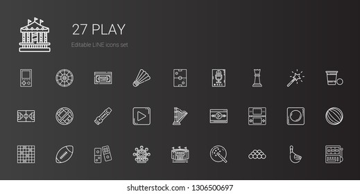 play icons set. Collection of play with ball, magic wand, stadium, ferris wheel, domino, american football, tic tac toe, console, video player. Editable and scalable play icons.