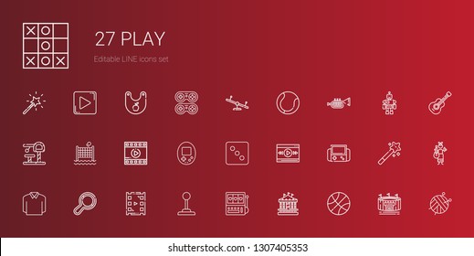 play icons set. Collection of play with basketball, carousel, slot machine, joystick, video player, rattle, video games, dice, console. Editable and scalable play icons.