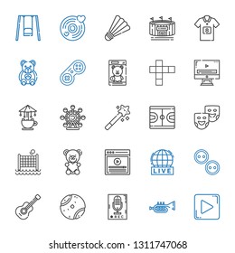 play icons set. Collection of play with play button, trumpet, recorder, tennis ball, guitar, buttons, live, video, teddy bear, volley, theater masks. Editable and scalable icons.