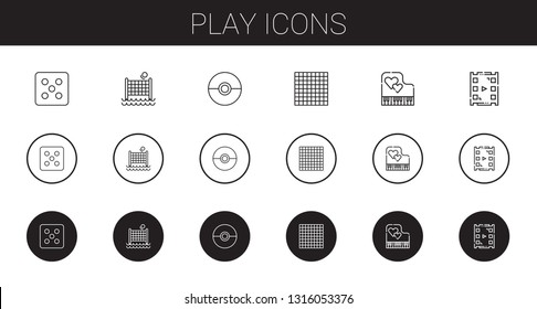 play icons set. Collection of play with dice, volley, pokeball, tic tac toe, piano, video player. Editable and scalable play icons.