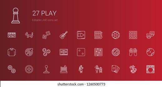 play icons set. Collection of play with poker, vertical, guitar, volley, joystick, button, buttons, silent, tic tac toe, dice, video player. Editable and scalable play icons.