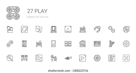 play icons set. Collection of play with roulette, play button, trumpet, vertical, fast forward, jumping rope, magic wand, piano, live, video player. Editable and scalable icons.