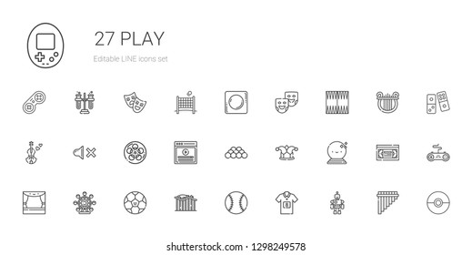 play icons set. Collection of play with toy, football jersey, baseball, roller coaster, football, ferris wheel, stage, ball, joker, video, film. Editable and scalable play icons.