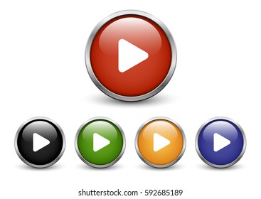 Play icons, set of five colored buttons with metal frame and shadow