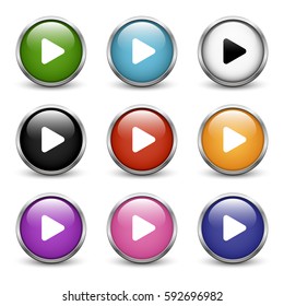 Play icons, set of nine colored buttons with metal frame and shadow