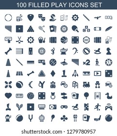 play icons. Trendy 100 play icons. Contain icons such as bowling ball, hockey stick and puck, Spades, maraca, Clubs, tennis rocket, Roulette, tonometer. play icon for web and mobile.