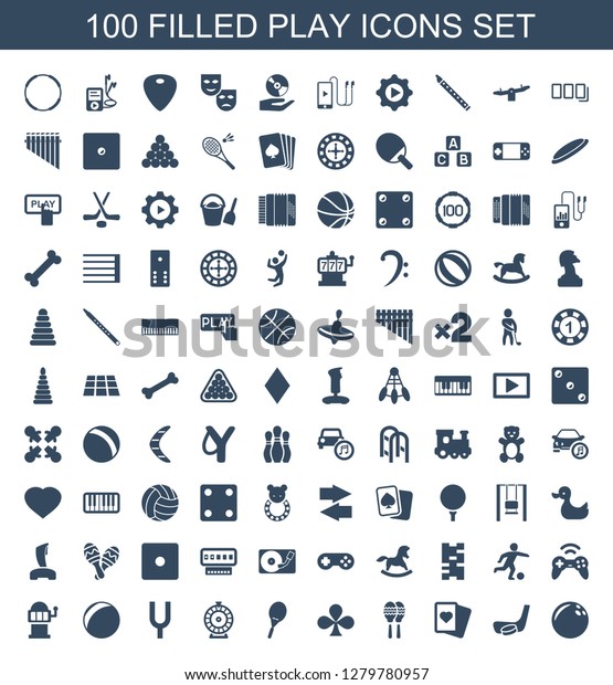 play\
icons. Trendy 100 play icons. Contain icons such as bowling ball,\
hockey stick and puck, Spades, maraca, Clubs, tennis rocket,\
Roulette, tonometer. play icon for web and\
mobile.