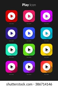 Play icons ui app set for icon application mobile or button main screen phone. Colorful vector flat style design template with drop shadow on dark grey background.