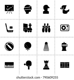 Play icons. vector collection filled play icons. includes symbols such as piano, bowling, chess, vinyl player, slot machine, vr, train toy. use for web, mobile and ui design.