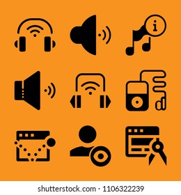 play, information, app, cable, headphones and search icon vector set. Flat vector design with filled icons. Designed for web and software interfaces