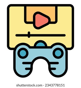 Play joystick icon outline vector. Gold chest. Mobile screen color flat