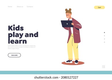 Play and learn with gadget concept of landing page with girl holding digital tablet pc watching video on modern device. Kids and technology. Cartoon flat vector illustration
