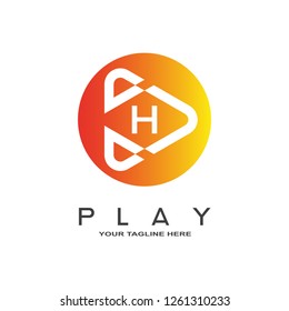Play logo, play icon, symbol, repeat, technology multimedia, audio and video emblem, studio, design element, H,