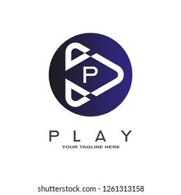 Play logo, play icon, symbol, repeat, technology multimedia, audio and video emblem, studio, design element, P,