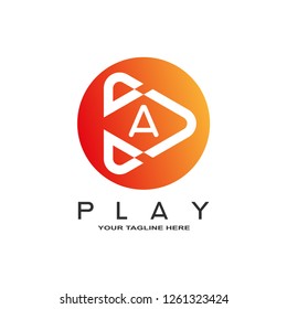 Play logo, play icon, symbol, repeat, technology multimedia, audio and video emblem, studio, design element, A,