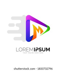 Play logo and letter M design combination, Fast and delivery logo , Audio icons