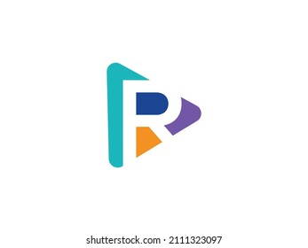 Reproducir el logotipo con la plantilla del logotipo R de la letra, con logotipos coloridos de estilo plano. Icono de reproducción con R inicial. Resumen de un colorido vector y el logotipo de la identidad corporativa de la empresa.