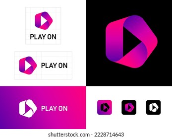 Reproducir el logo. El símbolo "play on" consiste en una cinta rosada. Infinito y flecha de juego. Identidad, estilo corporativo.