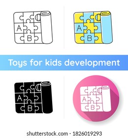 Play mat icon. Foldable foam mat. Alphabet interlocking playmat. Activity floor for toddlers. Gross motor skills development toys. Linear black and RGB color styles. Isolated vector illustrations