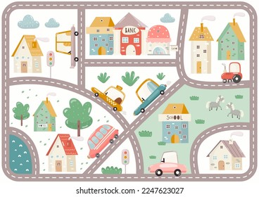 Play Mat for Kids. Cityscape with Cartoon Houses, Cars, Buildings School, Bank, Hotel, Cafe. Map with City Road. Vector Illustration