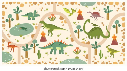 Macizo tropical vectorial con dinosaurios en un parque jurásico. Dinosaurios de dibujos animados. Carretera en parque jurásico. Juego para niños. Los niños juegan a la alfombra. tirannosauro, pterodáctilo, brachiosauro, tricerathorus
