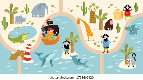 Play mat for kids with pirates and animals. Vector tropical maze with animals and pirates. Cartoon tropical animals. African animals. Cartoon cute pirates. A game for children. Children's play mat.