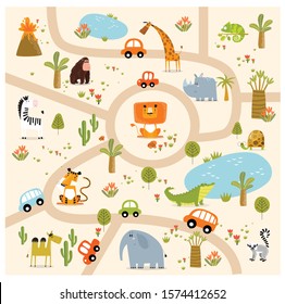 Play mat for kids with safari animals. Vector tropical maze with animals in safari park. Cartoon tropical animals. African animals. Road in a safari park. Game for children. Children's play mat.
