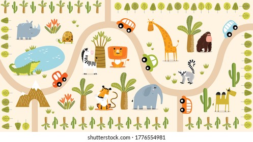 Play mat for kids with safari animals. Vector tropical maze with animals in safari park. Cartoon tropical animals. African animals. Road in a safari park. Game for children. Children's play mat.
