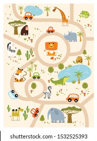 Play mat for kids with safari animals.Vector tropical maze with animals in safari park. Cartoon tropical animals. African animals. Road in a safari park. Game for children. Children's play mat.
