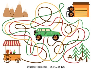 Play mat for kids with SUV car. Vector labyrinth with garage, forest, mountains. Cartoon car trip. game for kids. Children's play mat.